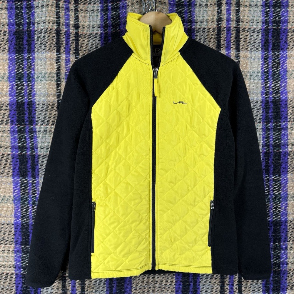Lauren Active Ralph Lauren Womens XS Quilted Fleece Full Zip Jacket Black Yellow